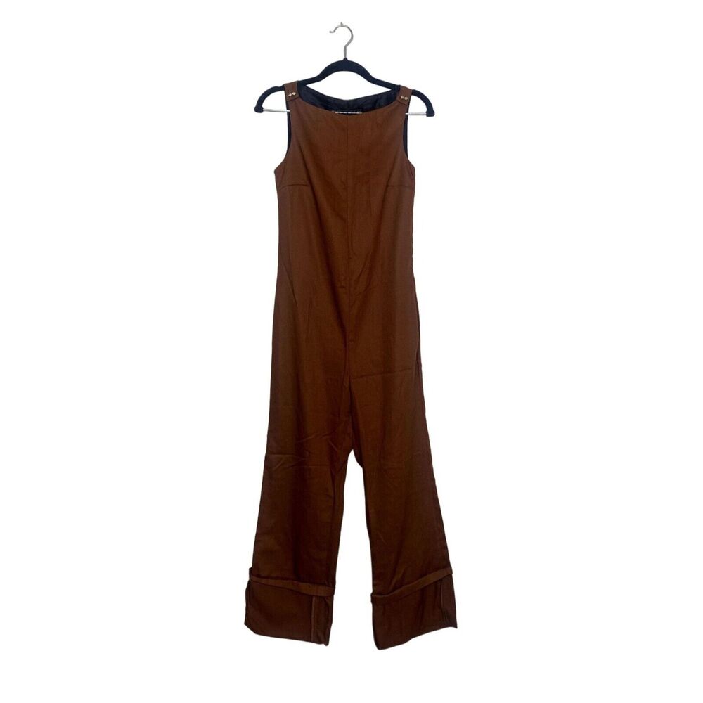 ZARA Sleeveless Jumpsuit Turned Up Hem Side Zipup Square Neck Buttons XS Brown